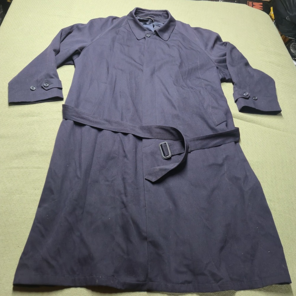 Vintage 90s Trench Coat Made in USA Navy Blue Rain Jacket Belted Overcoat Sz 42